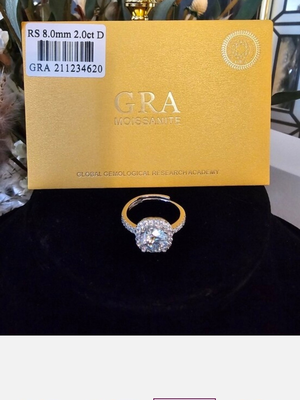 Moissanite 2 Carat Halo Adjustable  Ring GRA Certified - Picture 8 of 10